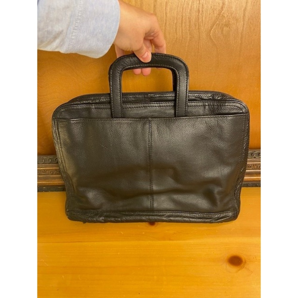 Leather Briefcase Mens Black Retractable Handle Portfolio Carry All Business Bag